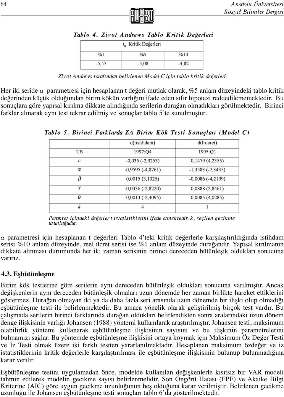 düzeyindeki tablo kritik değerinden küçük olduğundan birim kökün varlığını ifade eden sıfır hipotezi reddedilememektedir.