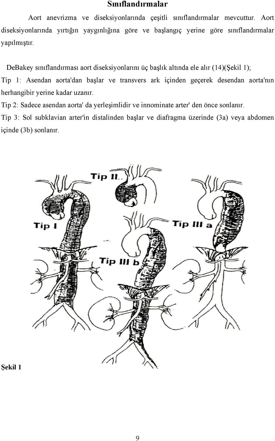 DeBakey sınıflandırması aort diseksiyonlarını üç başlık altında ele alır (14)(Şekil 1); Tip 1: Asendan aorta'dan başlar ve transvers ark içinden