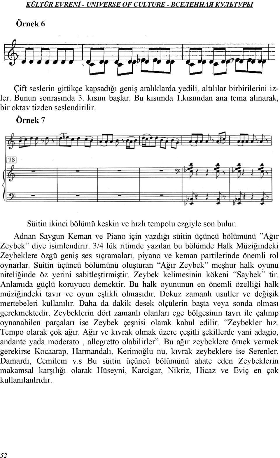 Adnan Saygun Keman ve Piano için yazdığı süitin üçüncü bölümünü Ağır Zeybek diye isimlendirir.