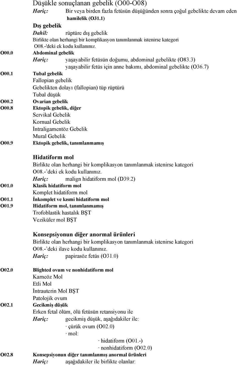 3) yaşayabilir fetüs için anne bakımı, abdominal gebelikte (O36.7) O00.1 Tubal gebelik Fallopian gebelik Gebelikten dolayı (fallopian) tüp rüptürü Tubal düşük O00.2 Ovarian gebelik O00.