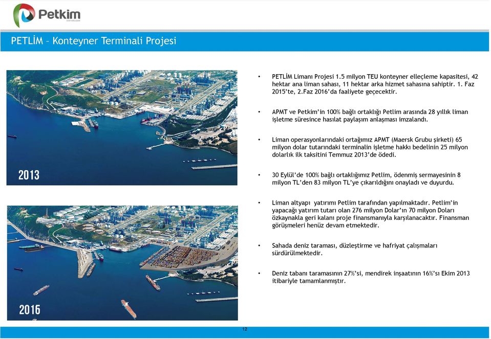 Liman operasyonlarındaki ortağımız APMT (Maersk Grubu şirketi) 65 milyon dolar tutarındaki terminalin işletme hakkı bedelinin 25 milyon dolarlık ilk taksitini Temmuz 2013 de ödedi.