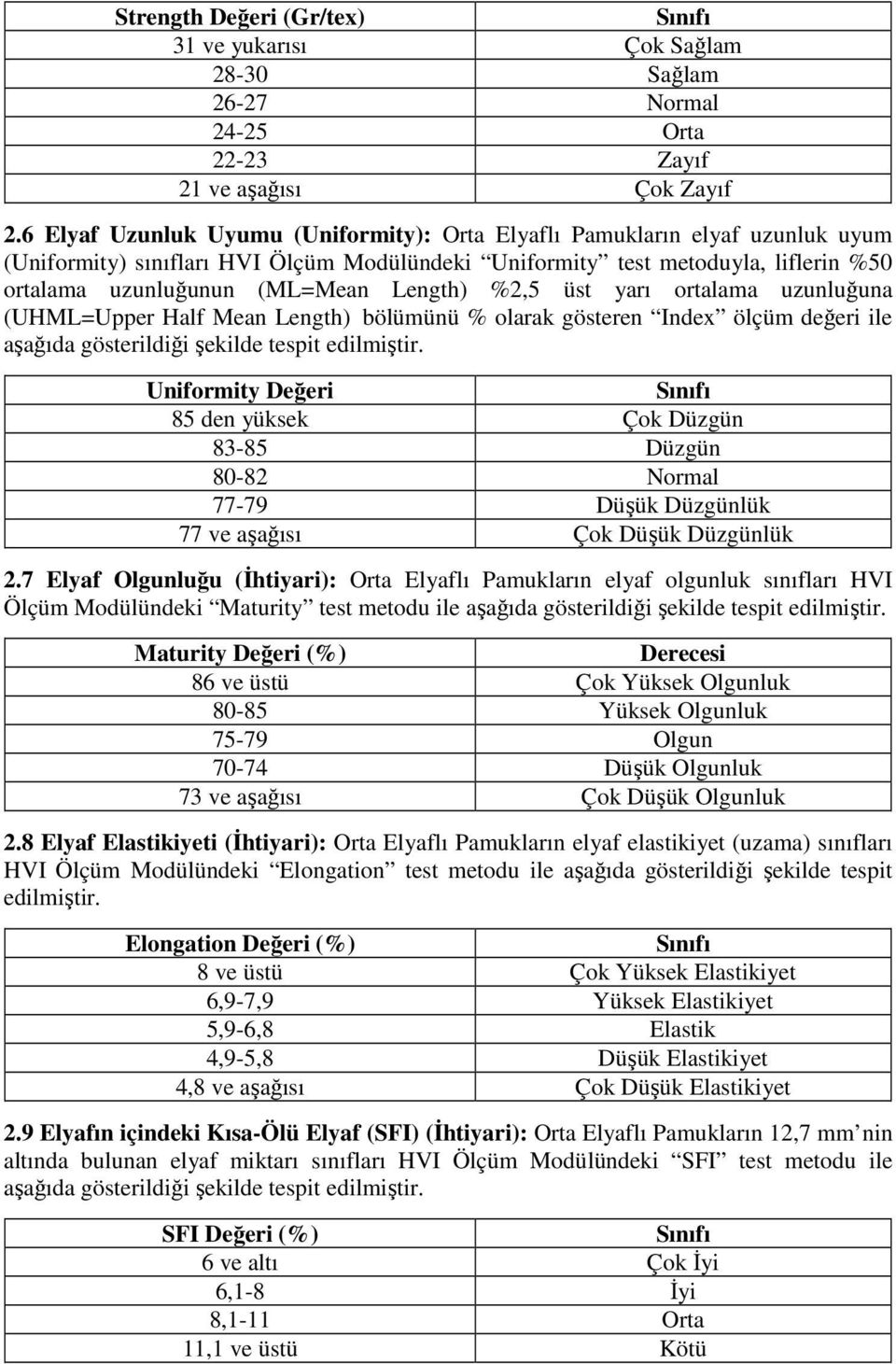 Length) %2,5 üst yarı ortalama uzunluğuna (UHML=Upper Half Mean Length) bölümünü % olarak gösteren Index ölçüm değeri ile aşağıda gösterildiği şekilde tespit edilmiştir.