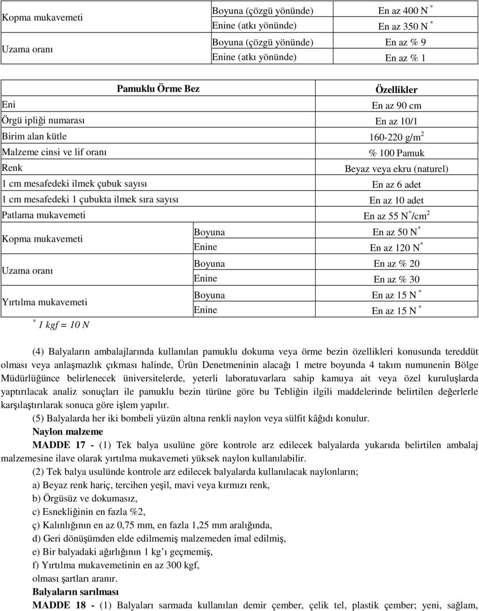 mesafedeki 1 çubukta ilmek sıra sayısı En az 10 adet Patlama mukavemeti En az 55 N * /cm 2 Kopma mukavemeti Boyuna En az 50 N * Enine En az 120 N * Uzama oranı Boyuna En az % 20 Enine En az % 30
