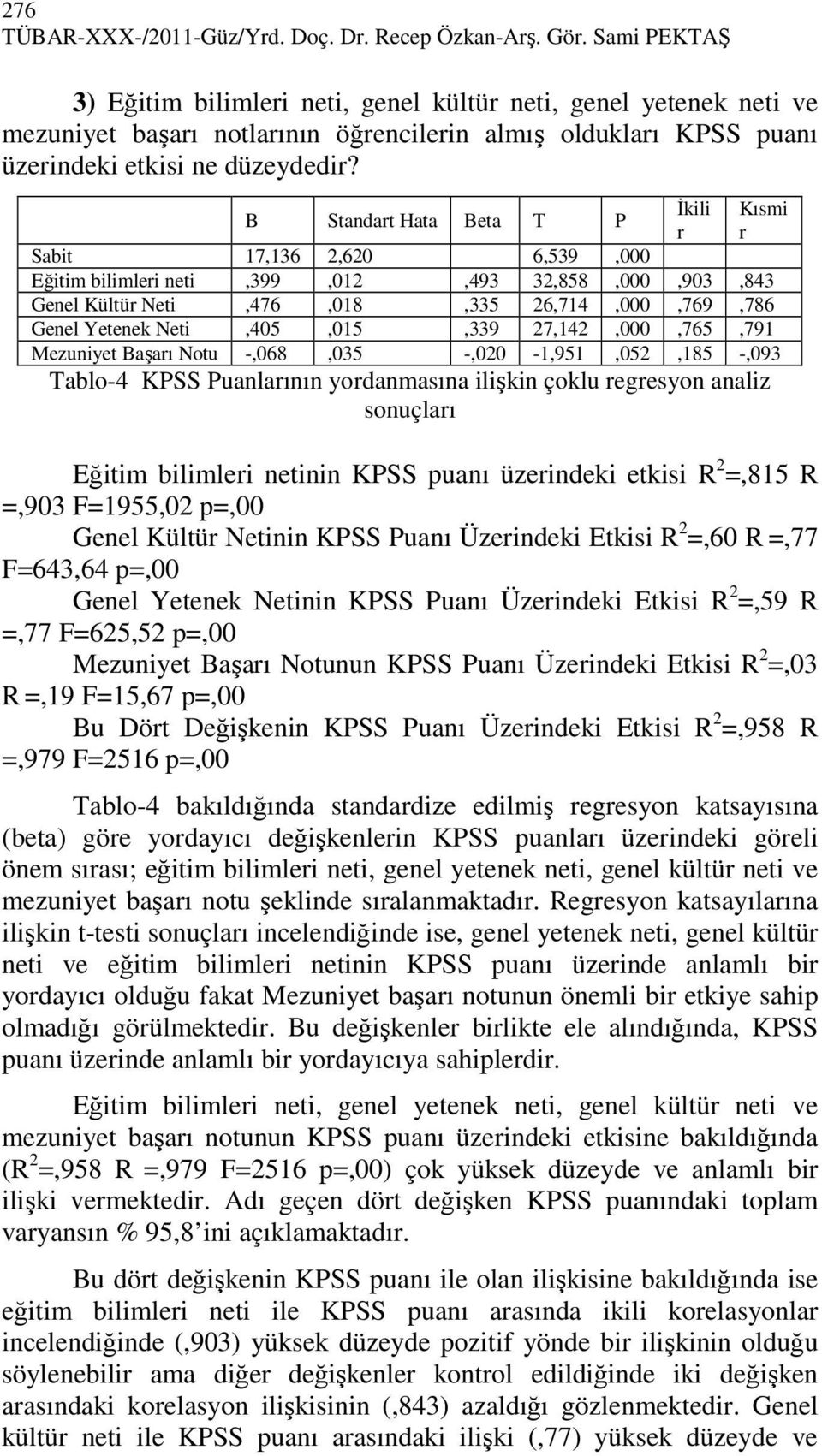 B Standart Hata Beta T P İkili r Kısmi r Sabit 17,136 2,620 6,539,000 Eğitim bilimleri neti,399,012,493 32,858,000,903,843 Genel Kültür Neti,476,018,335 26,714,000,769,786 Genel Yetenek