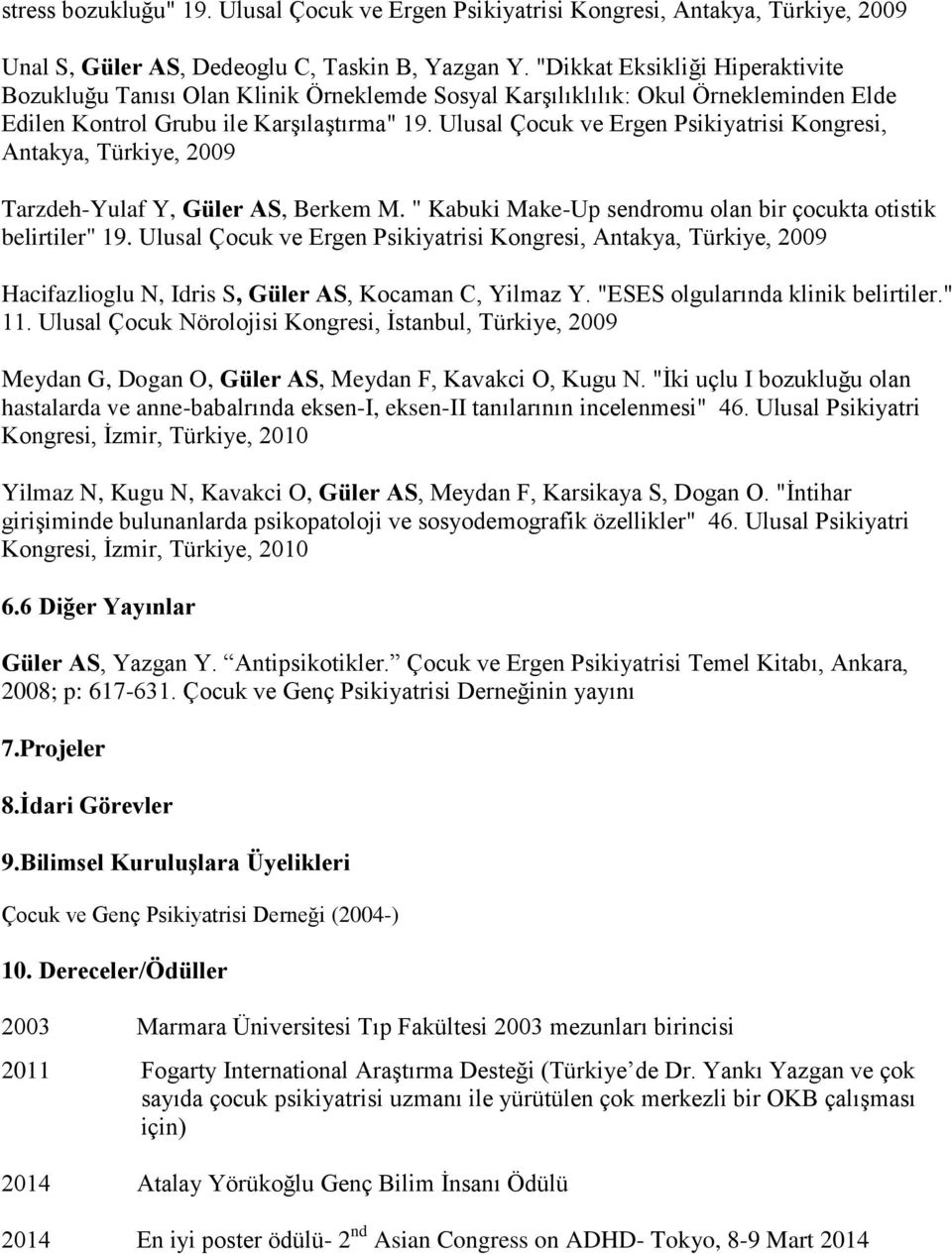 Ulusal Çocuk ve Ergen Psikiyatrisi Kongresi, Antakya, Türkiye, 2009 Tarzdeh-Yulaf Y, Güler AS, Berkem M. " Kabuki Make-Up sendromu olan bir çocukta otistik belirtiler" 19.