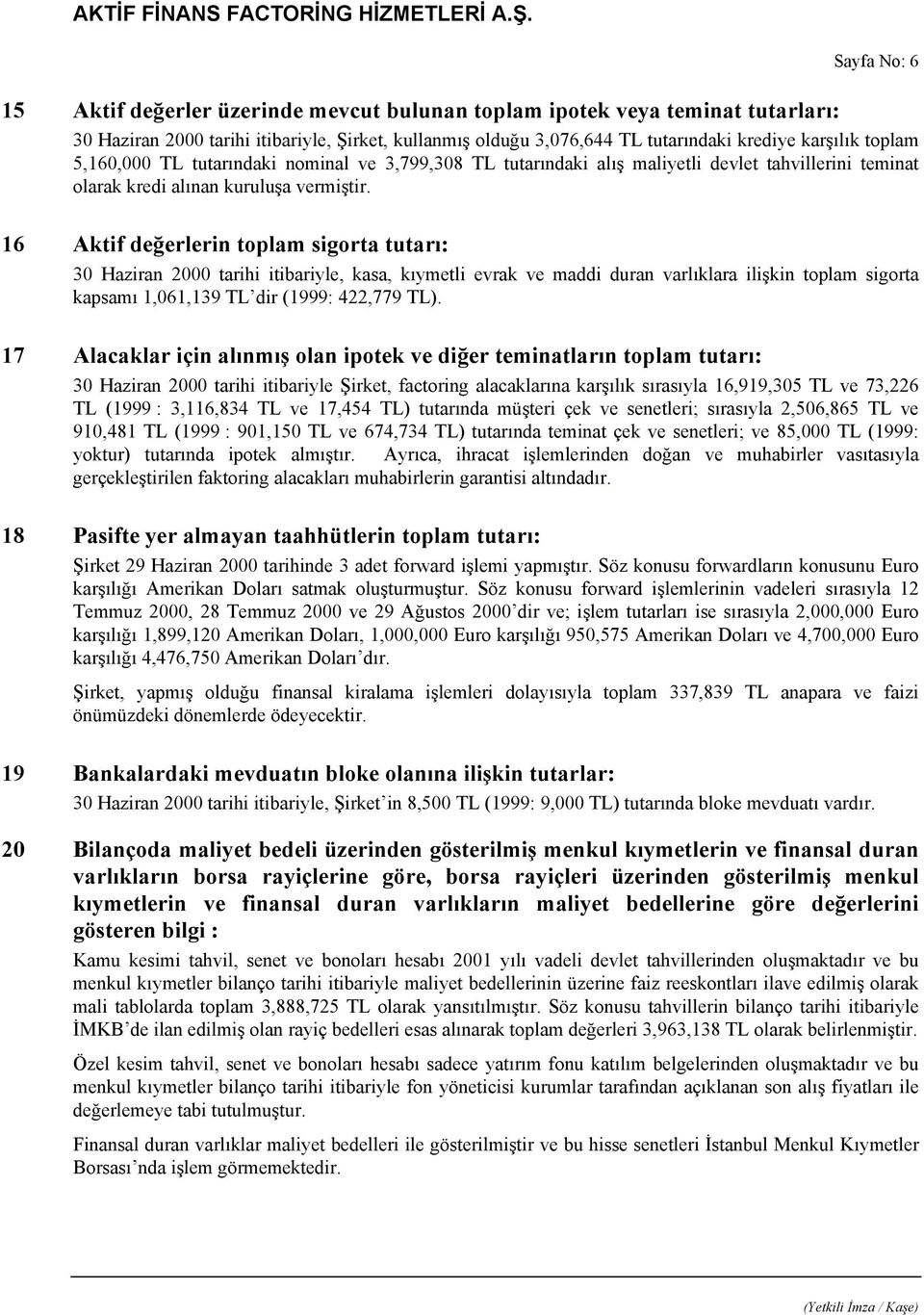 16 Aktif değerlerin toplam sigorta tutarı: 30 Haziran 2000 tarihi itibariyle, kasa, kıymetli evrak ve maddi duran varlıklara ilişkin toplam sigorta kapsamı 1,061,139 TL dir (1999: 422,779 TL).