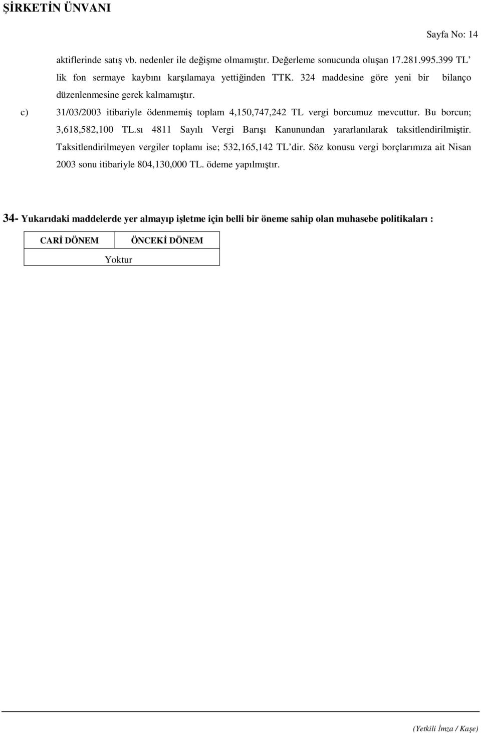 Bu borcun; 3,618,582,100 TL.sı 4811 Sayılı Vergi Barışı Kanunundan yararlanılarak taksitlendirilmiştir. Taksitlendirilmeyen vergiler toplamı ise; 532,165,142 TL dir.