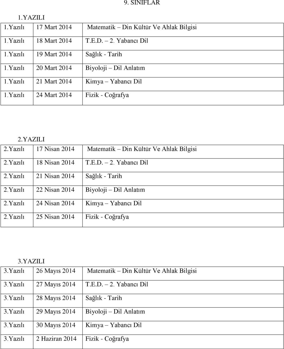 Yazılı 24 Nisan 2014 Kimya Yabancı Dil 2.Yazılı 25 Nisan 2014 Fizik - Coğrafya 3.