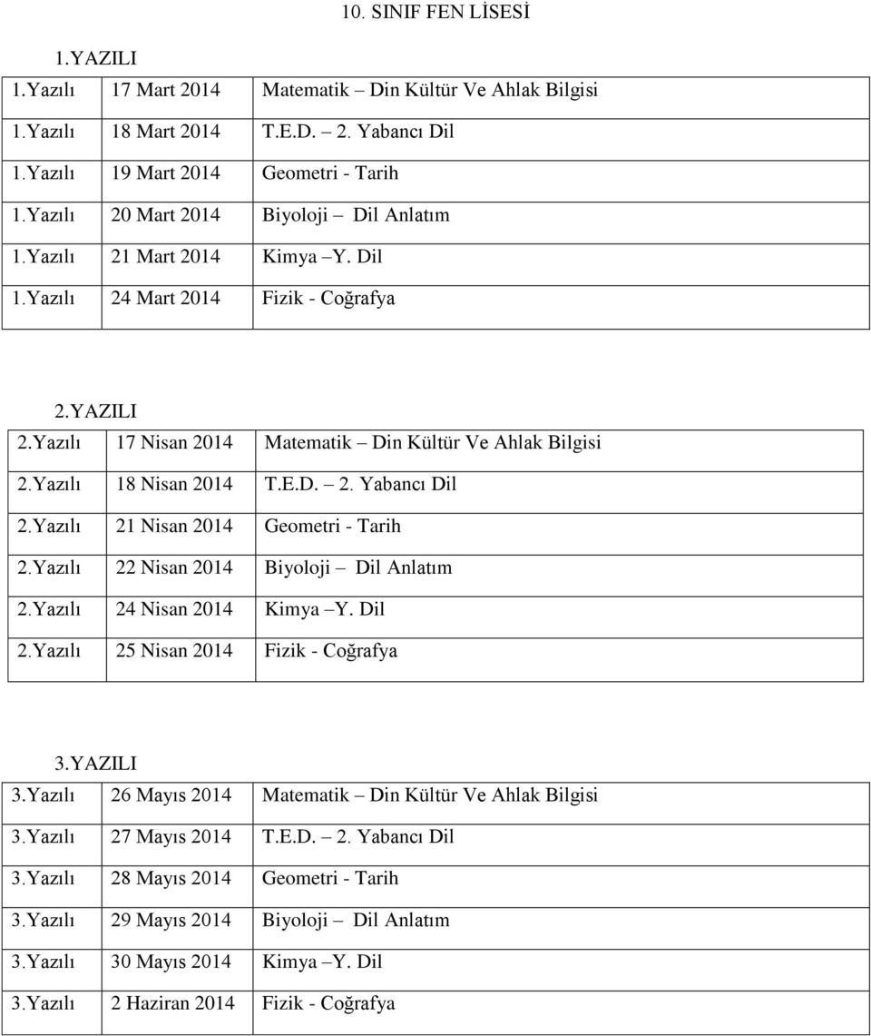 Yazılı 24 Nisan 2014 Kimya Y. Dil 2.Yazılı 25 Nisan 2014 Fizik - Coğrafya 3.