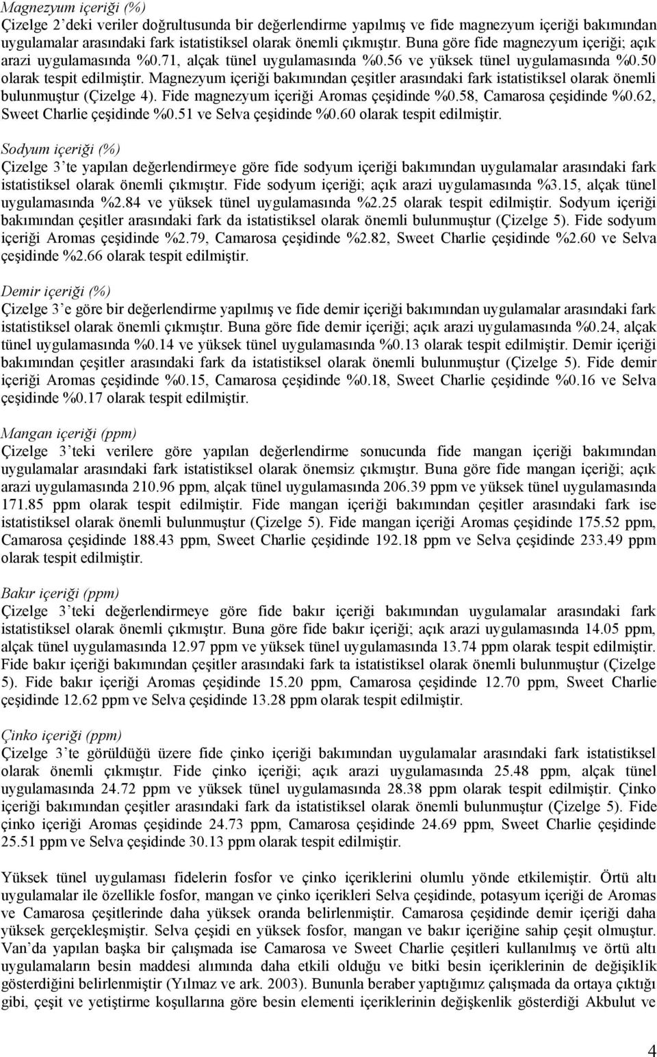 Magnezyum içeriği bakımından çeşitler arasındaki fark istatistiksel olarak önemli bulunmuştur (Çizelge 4). Fide magnezyum içeriği Aromas çeşidinde %0.58, Camarosa çeşidinde %0.