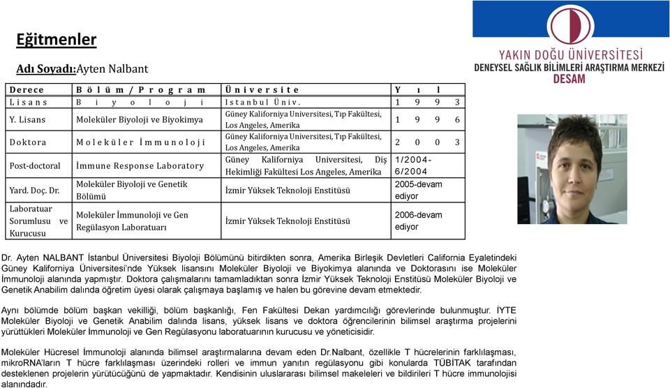 Fakültesi, Los Angeles, Amerika 2 0 0 3 Post-doctoral İmmune Response Laboratory Güney Kaliforniya Universitesi, Diş 1 / 2 0 0 4 - Hekimliği Fakültesi Los Angeles, Amerika 6 / 2004 Yard. Doç. Dr.