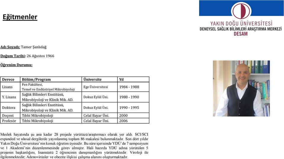 2000 Profesör Tıbbi Mikrobiyoloji Celal Bayar Üni. 2006 Meslek hayatında şu ana kadar 28 projede yürütücü/araştırmacı olarak yer aldı.