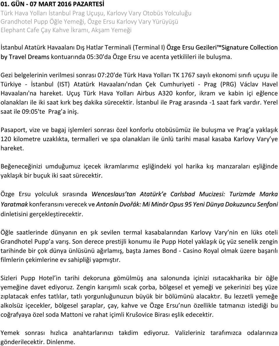 Gezi belgelerinin verilmesi sonrası 07:20'de Türk Hava Yolları TK 1767 sayılı ekonomi sınıfı uçuşu ile Türkiye - İstanbul (IST) Atatürk Havaalanı'ndan Çek Cumhuriyeti - Prag (PRG) Václav Havel