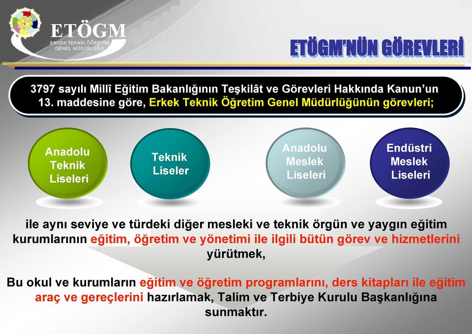 Liseleri ile aynı seviye ve türdeki diğer mesleki ve teknik örgün ve yaygın eğitim kurumlarının eğitim, öğretim ve yönetimi ile ilgili bütün