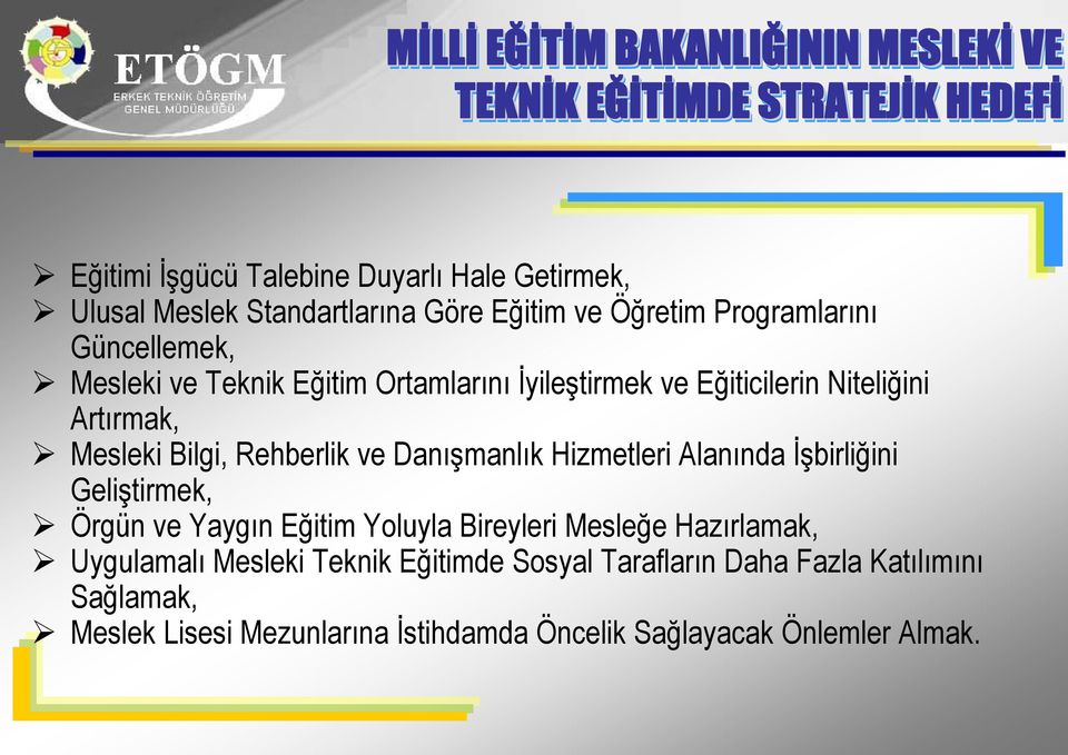 Artırmak, Mesleki Bilgi, Rehberlik ve Danışmanlık Hizmetleri Alanında İşbirliğini Geliştirmek, Örgün ve Yaygın Eğitim Yoluyla Bireyleri Mesleğe