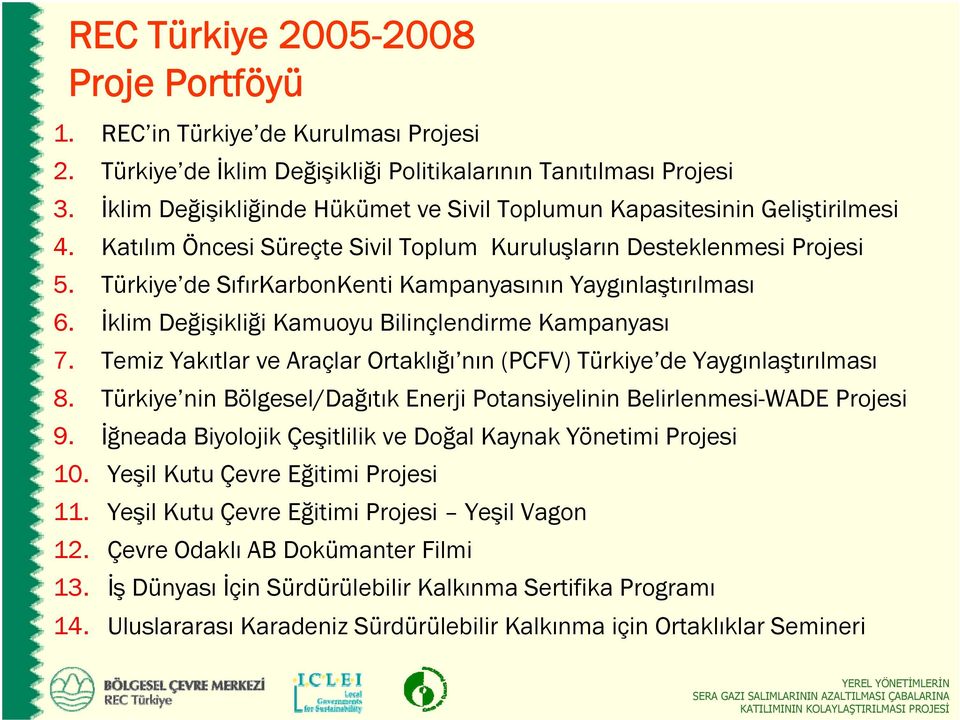 Türkiye de SıfırKarbonKenti Kampanyasının Yaygınlaştırılması 6. İklim Değişikliği Kamuoyu Bilinçlendirme Kampanyası 7. Temiz Yakıtlar ve Araçlar Ortaklığı nın (PCFV) Türkiye de Yaygınlaştırılması 8.