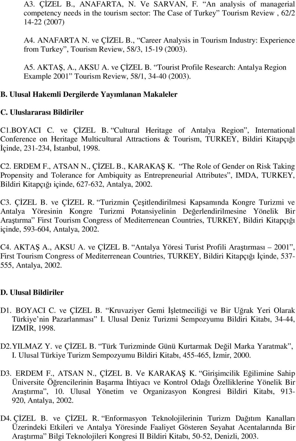 Tourist Profile Research: Antalya Region Example 2001 Tourism Review, 58/1, 34-40 (2003). B. Ulusal Hakemli Dergilerde Yayımlanan Makaleler C. Uluslararası Bildiriler C1.BOYACI C. ve ÇĐZEL B.