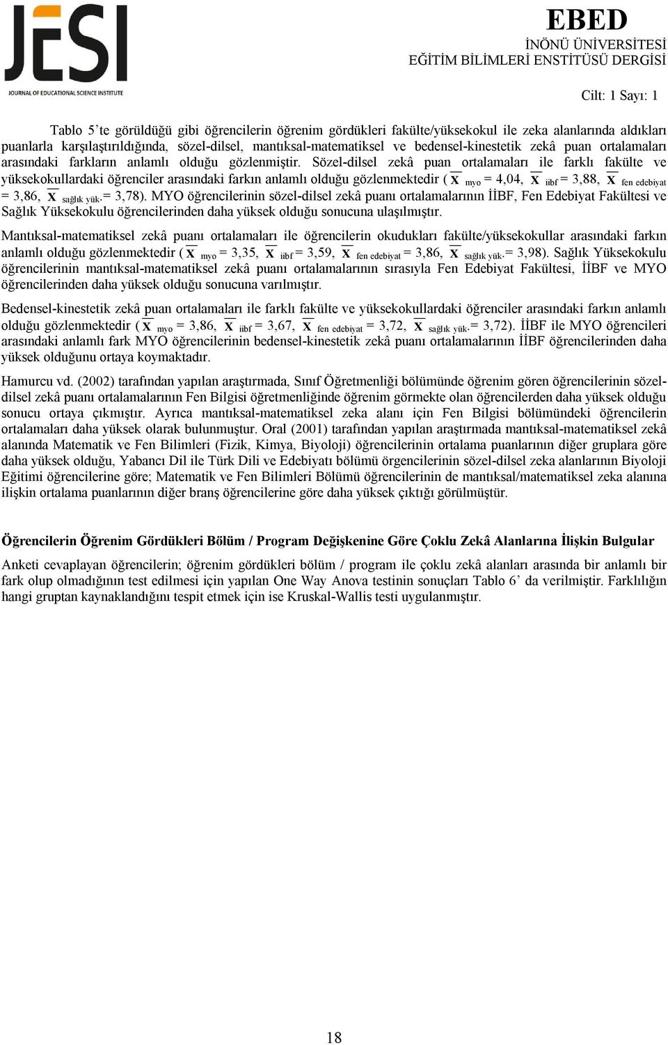 Sözel-dilsel zekâ puan ortalamaları ile farklı fakülte ve yüksekokullardaki öğrenciler arasındaki farkın anlamlı olduğu gözlenmektedir ( X myo = 4,04, X iibf = 3,88, X fen edebiyat = 3,86, X sağlık