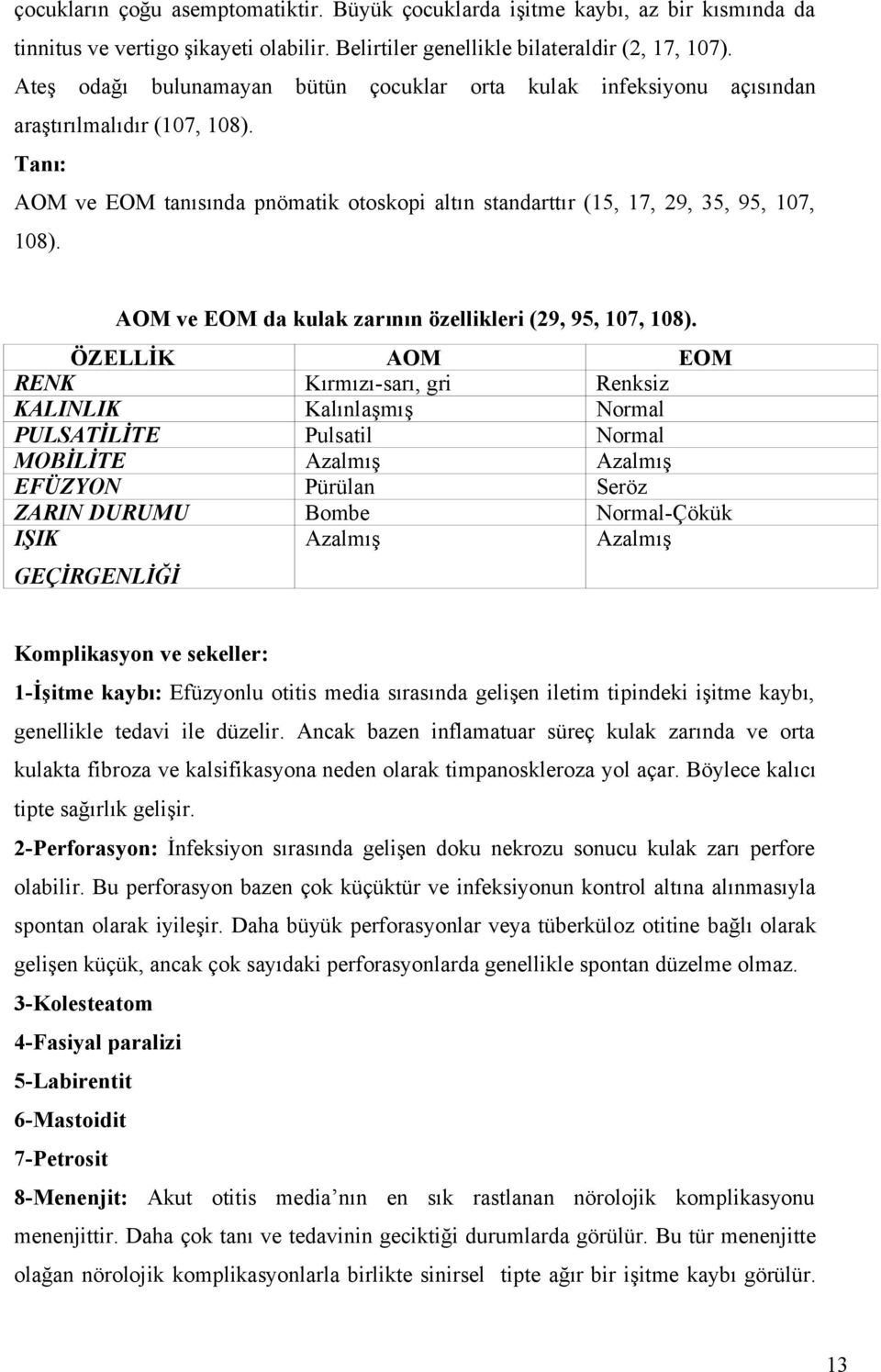 AOM ve EOM da kulak zarının özellikleri (29, 95, 107, 108).