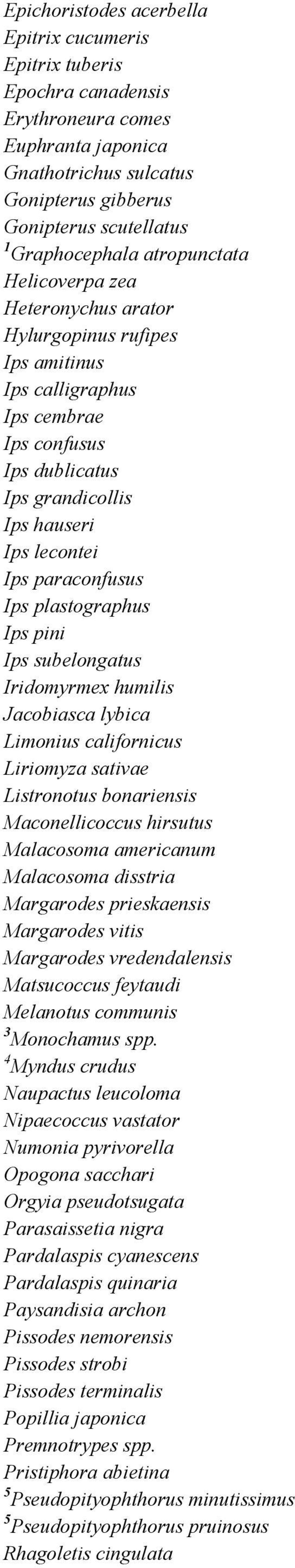 Ips plastographus Ips pini Ips subelongatus Iridomyrmex humilis Jacobiasca lybica Limonius californicus Liriomyza sativae Listronotus bonariensis Maconellicoccus hirsutus Malacosoma americanum