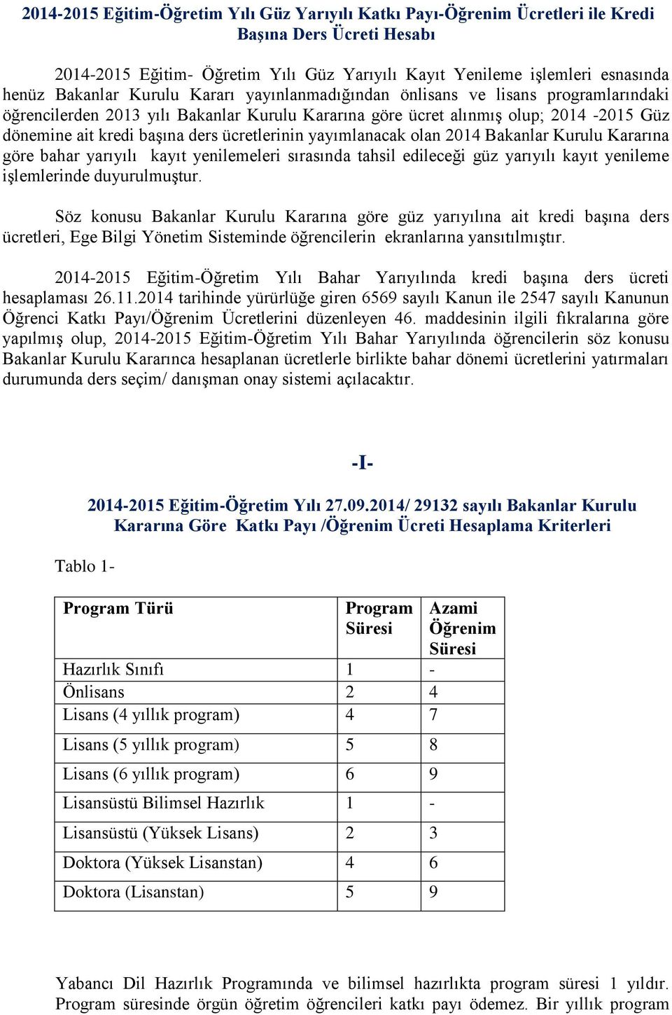 ücretlerinin yayımlanacak olan 2014 Bakanlar Kurulu Kararına göre bahar yarıyılı kayıt yenilemeleri sırasında tahsil edileceği güz yarıyılı kayıt yenileme işlemlerinde duyurulmuştur.