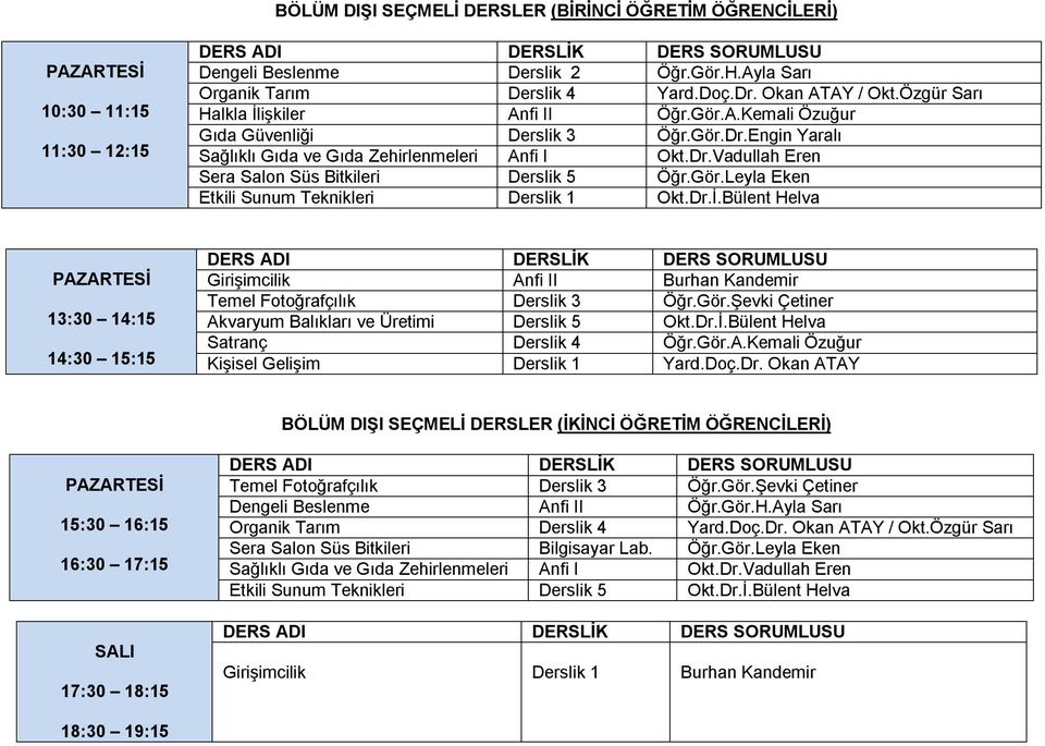 Dr.İ.Bülent Helva Satranç Kişisel Gelişim Yard.Doç.Dr. Okan ATAY (İKİNCİ ÖĞRETİM ÖĞRENCİLERİ) PAZARTESİ SALI 17:30 18:15 DERS ADI DERSLİK DERS SORUMLUSU Temel Fotoğrafçılık Dengeli Beslenme I Organik Tarım Yard.