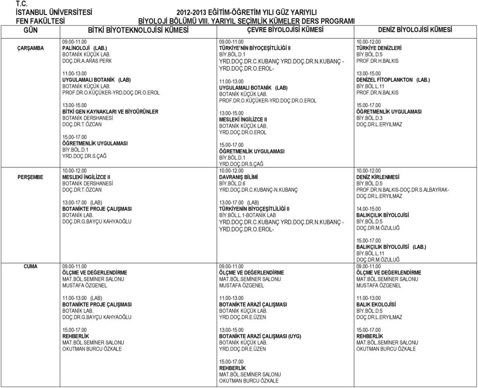 00 (LAB) BOTANİKTE PROJE ÇALIŞMASI CUMA TÜRKİYE NİN BİYOÇEŞİTLİLİĞİ II BİY.BÖL.D.1 YRD.DOÇ.DR.C.KUBANÇ YRD.DOÇ.DR.N.KUBANÇ - YRD.DOÇ.DR.O.EROL- UYGULAMALI BOTANİK (LAB) PROF.DR.O.KÜÇÜKER-YRD.DOÇ.DR.O.EROL YRD.