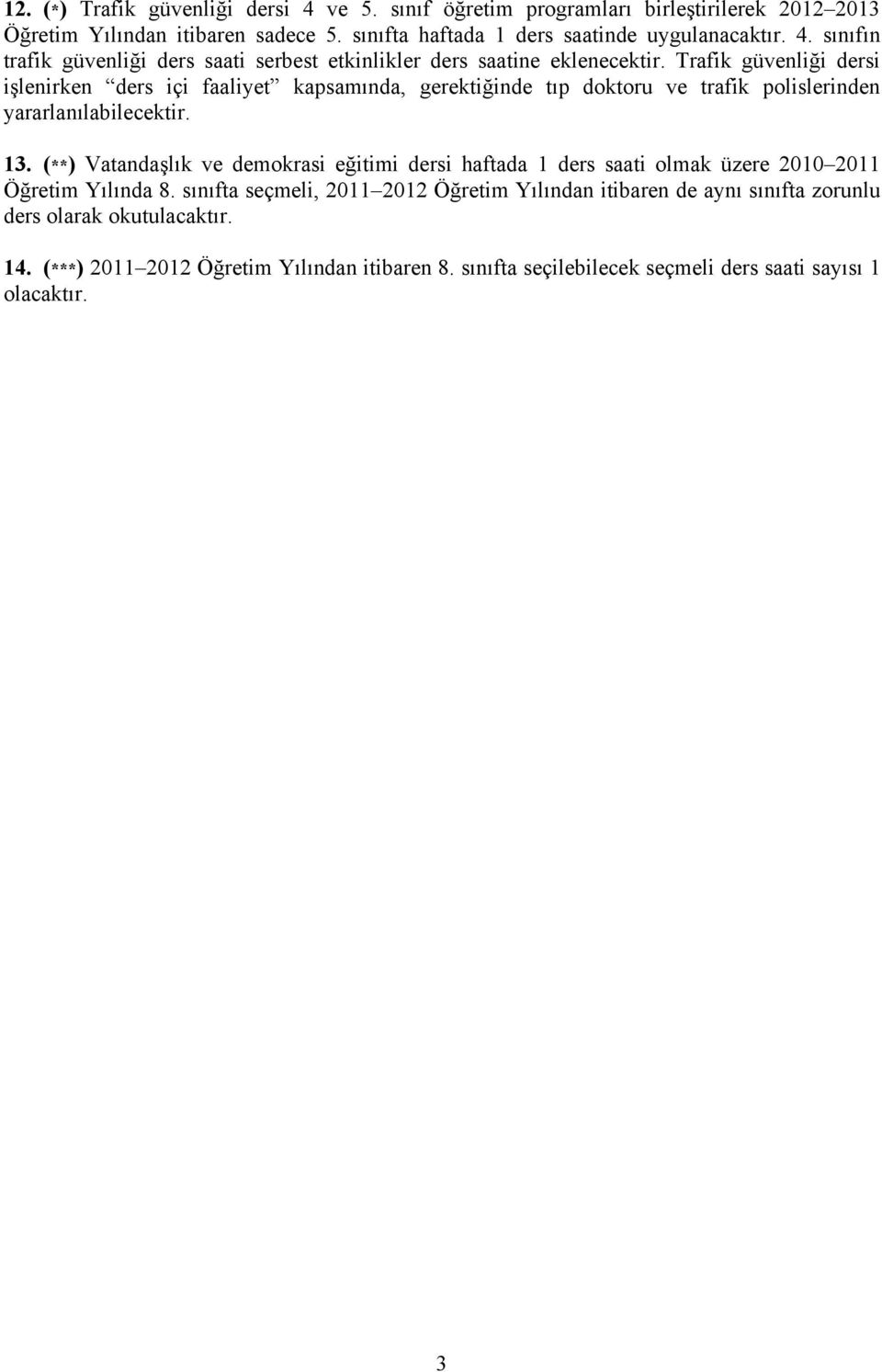 (**) Vatandaşlık ve demokrasi eğitimi dersi haftada 1 ders saati olmak üzere 2010 2011 Öğretim Yılında 8.