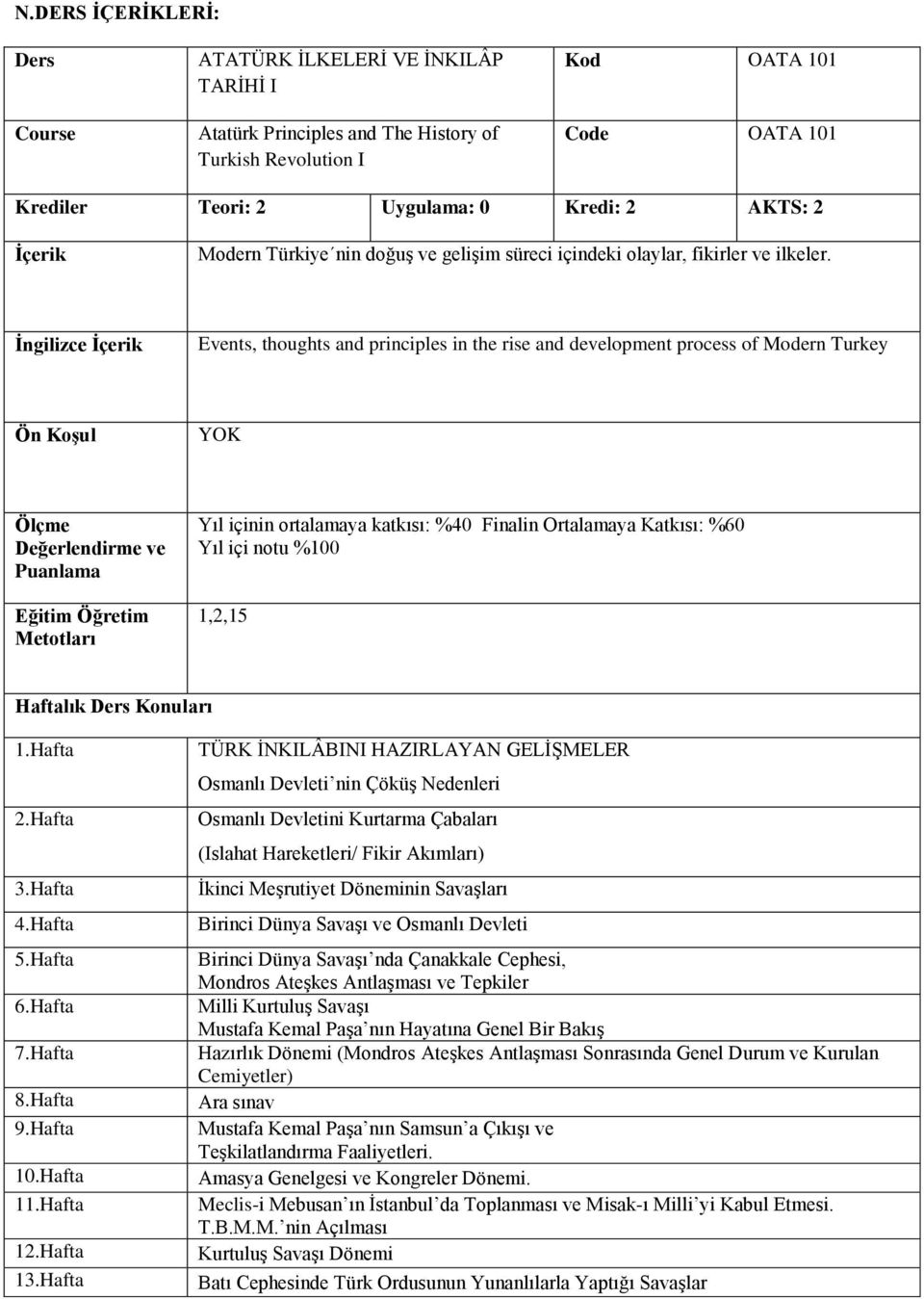 İngilizce İçerik Events, thoughts and principles in the rise and development process of Modern Turkey Ön Koşul YOK Ölçme Değerlendirme ve Puanlama Eğitim Öğretim Metotları Yıl içinin ortalamaya