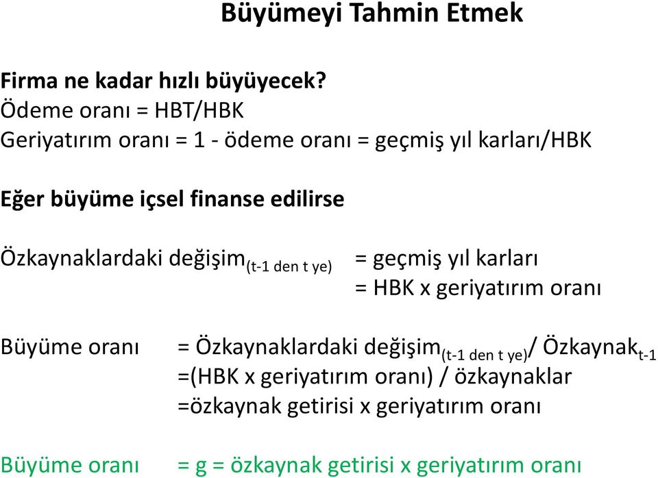 edilirse Özkaynaklardaki değişim (t-1 den t ye) = geçmiş yıl karları = HBK x geriyatırım oranı Büyüme oranı =