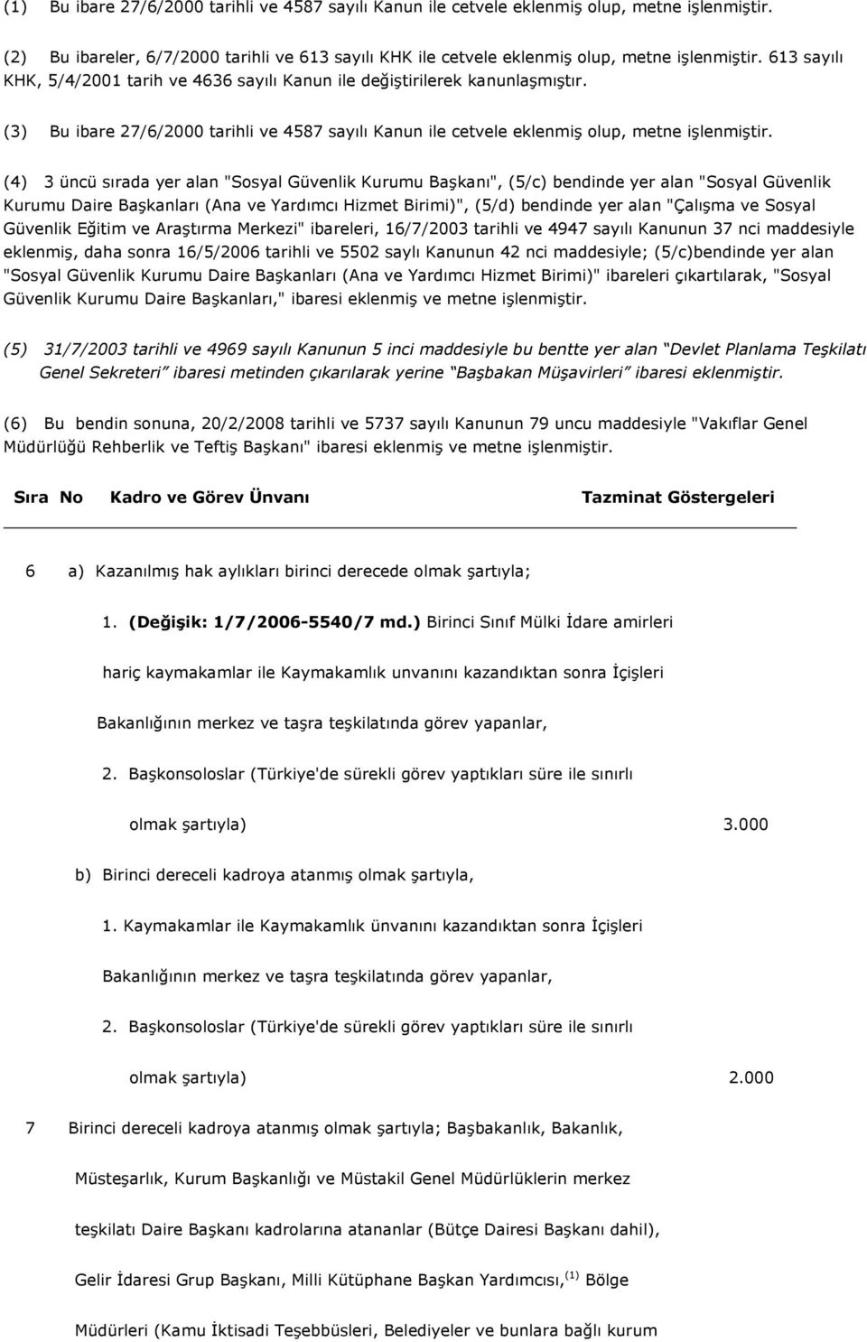 (4) 3 üncü sırada yer alan "Sosyal Güvenlik Kurumu Başkanı", (5/c) bendinde yer alan "Sosyal Güvenlik Kurumu Daire Başkanları (Ana ve Yardımcı Hizmet Birimi)", (5/d) bendinde yer alan "Çalışma ve