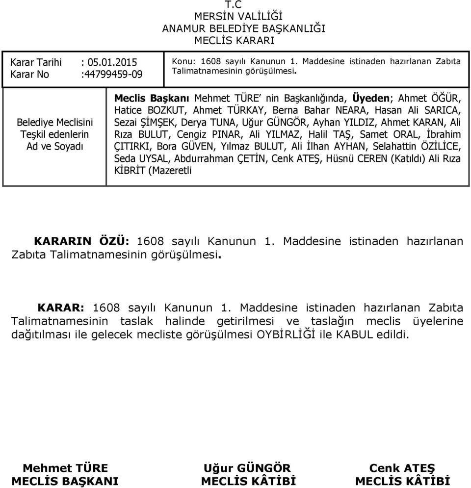 Maddesine istinaden hazırlanan Zabıta Talimatnamesinin görüģülmesi. KARAR: 1608 sayılı Kanunun 1.