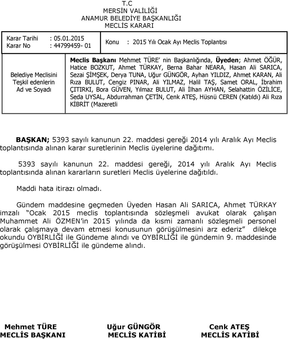 maddesi gereği, 2014 yılı Aralık Ayı Meclis toplantısında alınan kararların suretleri Meclis üyelerine dağıtıldı. Maddi hata itirazı olmadı.