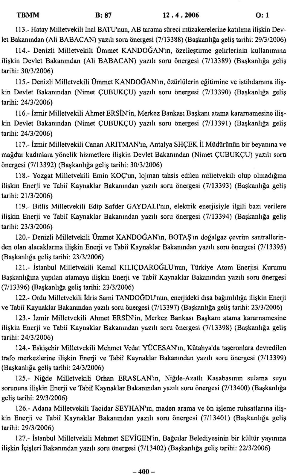 - Denizli Milletvekili Ümmet KANDOĞAN'ın, özelleştirme gelirlerinin kullanımına ilişkin Devlet Bakanından (Ali BABACAN) yazılı soru önergesi (7/13389) (Başkanlığa geliş tarihi: 30/3/2006) 115.
