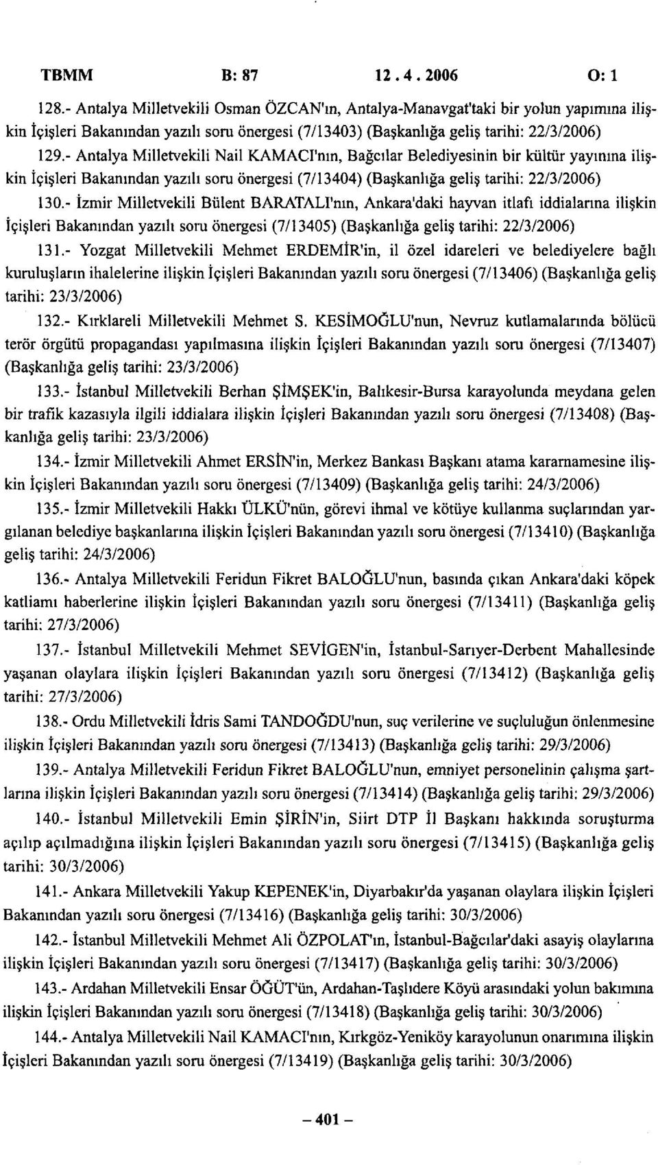 - Antalya Milletvekili Nail KAMACI'nın, Bağcılar Belediyesinin bir kültür yayınına ilişkin İçişleri Bakanından yazılı soru önergesi (7/13404) (Başkanlığa geliş tarihi: 22/3/2006) 130.
