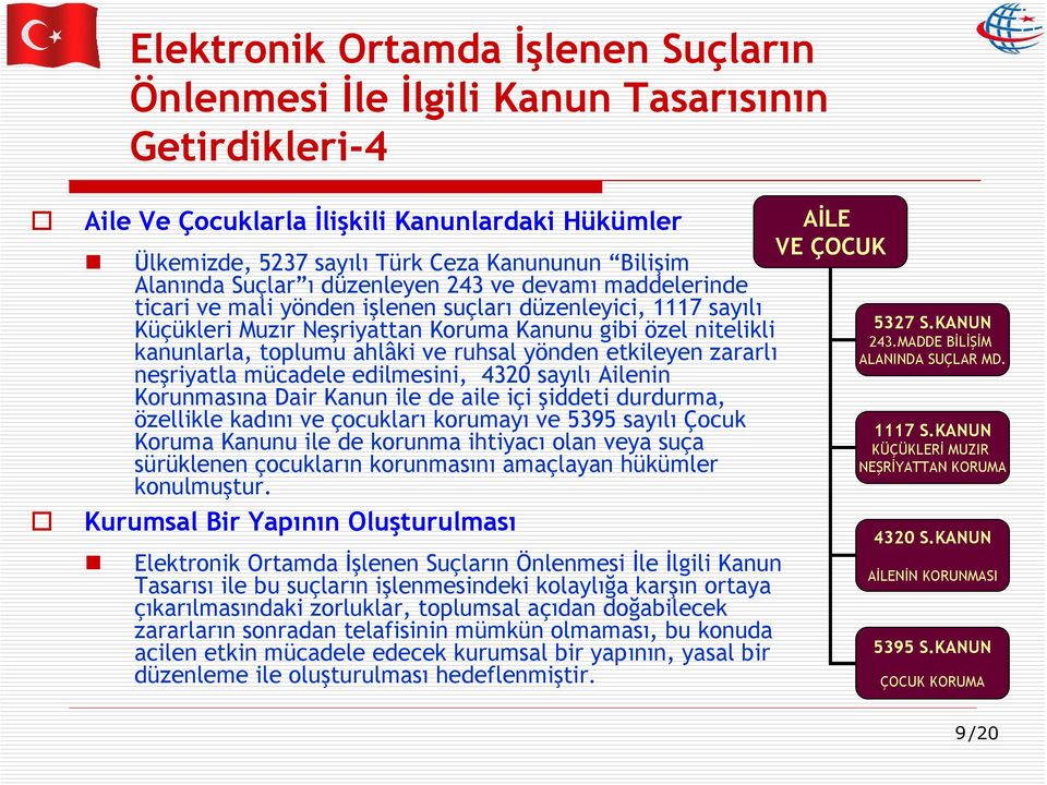 ve ruhsal yönden etkileyen zararlı neşriyatla mücadele edilmesini, 4320 sayılı Ailenin Korunmasına Dair Kanun ile de aile içi şiddeti durdurma, özellikle kadını ve çocukları korumayı ve 5395 sayılı