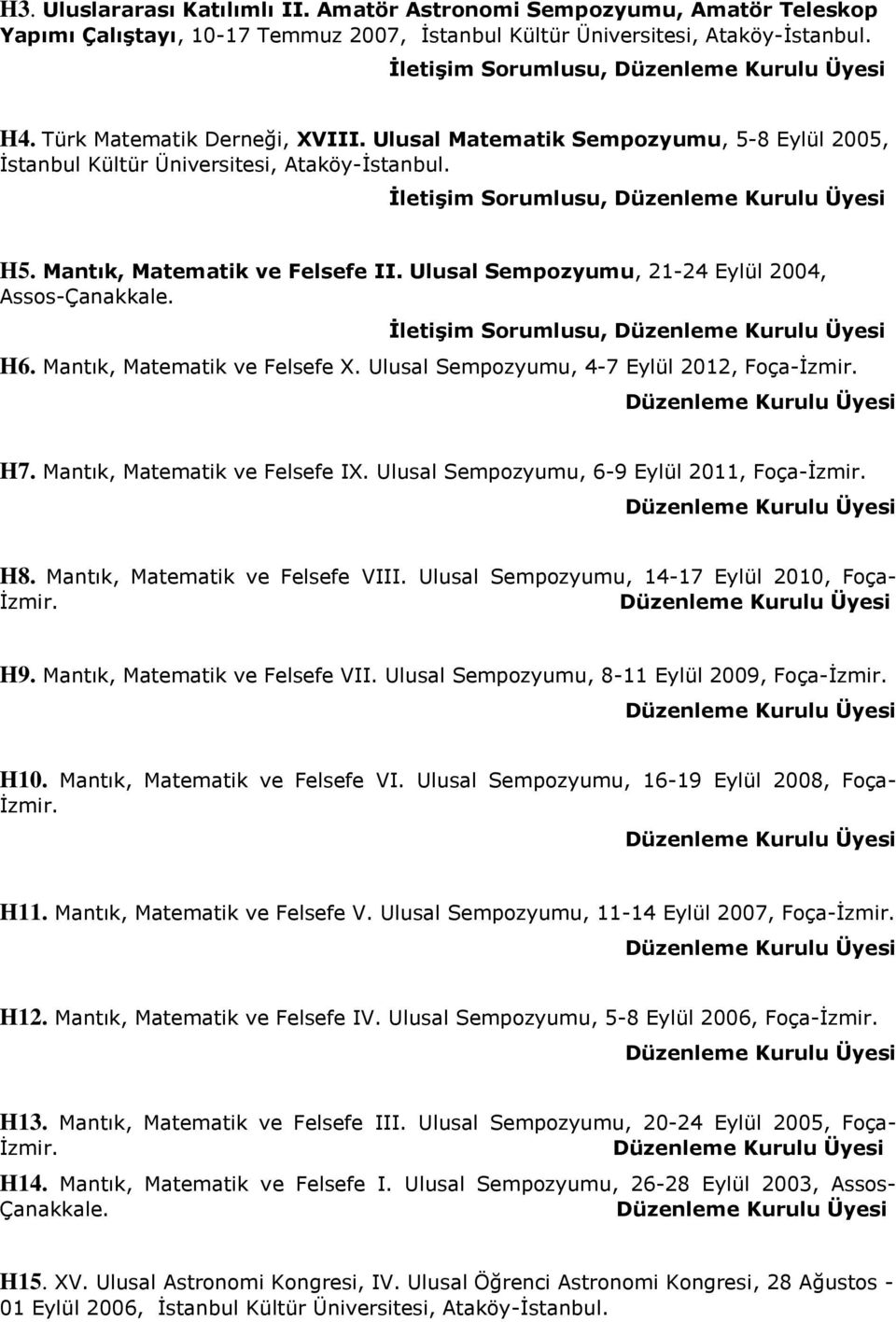 Ulusal Sempozyumu, 21-24 Eylül 2004, Assos-Çanakkale. İletişim Sorumlusu, H6. Mantık, Matematik ve Felsefe X. Ulusal Sempozyumu, 4-7 Eylül 2012, Foça-İzmir. H7. Mantık, Matematik ve Felsefe IX.
