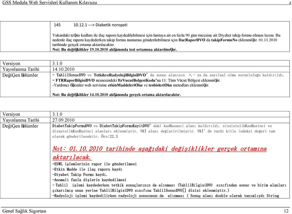 Versiyon 3.1.0 Yayınlanma Tarihi 14.10.2010 DeğiĢen Bölümler - TahlilSonucDVO ve TetkikveRadyolojiBilgisiDVO da sonuc alanının +,- ya da sayılsal olma orunluluğu kaldırıldı.