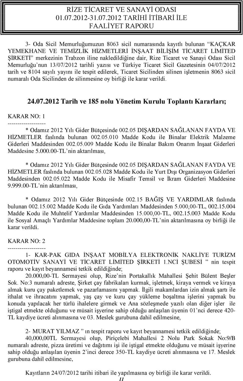 işletmenin 8063 sicil numaralı Oda Sicilinden de silinmesine oy birliği ile karar verildi. 24.07.