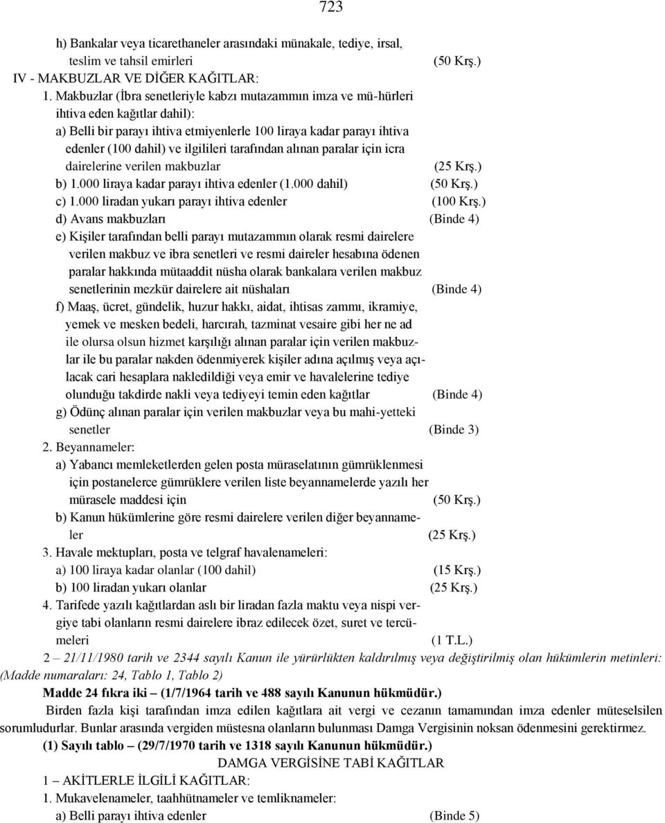 tarafından alınan paralar için icra dairelerine verilen makbuzlar (25 Krş.) b) 1.000 liraya kadar parayı ihtiva edenler (1.000 dahil) (50 Krş.) c) 1.000 liradan yukarı parayı ihtiva edenler (100 Krş.