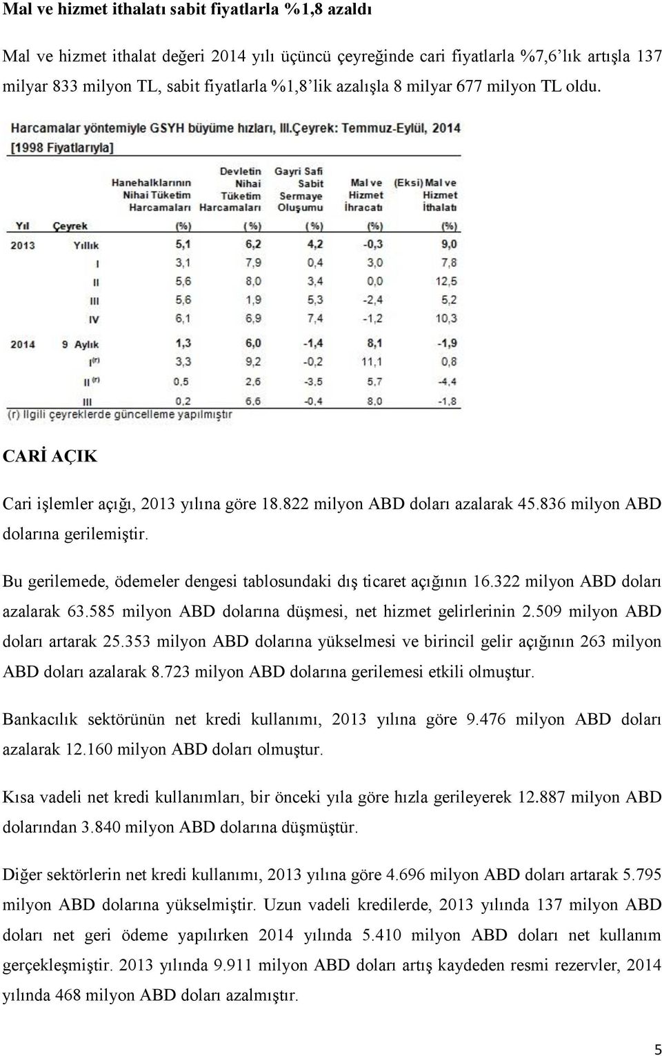 Bu gerilemede, ödemeler dengesi tablosundaki dış ticaret açığının 16.322 milyon ABD doları azalarak 63.585 milyon ABD dolarına düşmesi, net hizmet gelirlerinin 2.509 milyon ABD doları artarak 25.