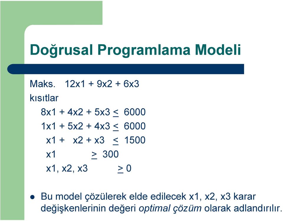 < 6000 x1 + x2 + x3 < 1500 x1 > 300 x1, x2, x3 > 0 Bu model