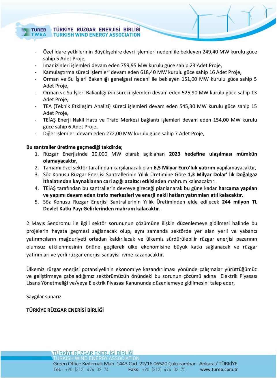 Su İşleri Bakanlığı izin süreci işlemleri devam eden 525,90 MW kurulu güce sahip 13 Adet Proje, - TEA (Teknik Etkileşim Analizi) süreci işlemleri devam eden 545,30 MW kurulu güce sahip 15 Adet Proje,