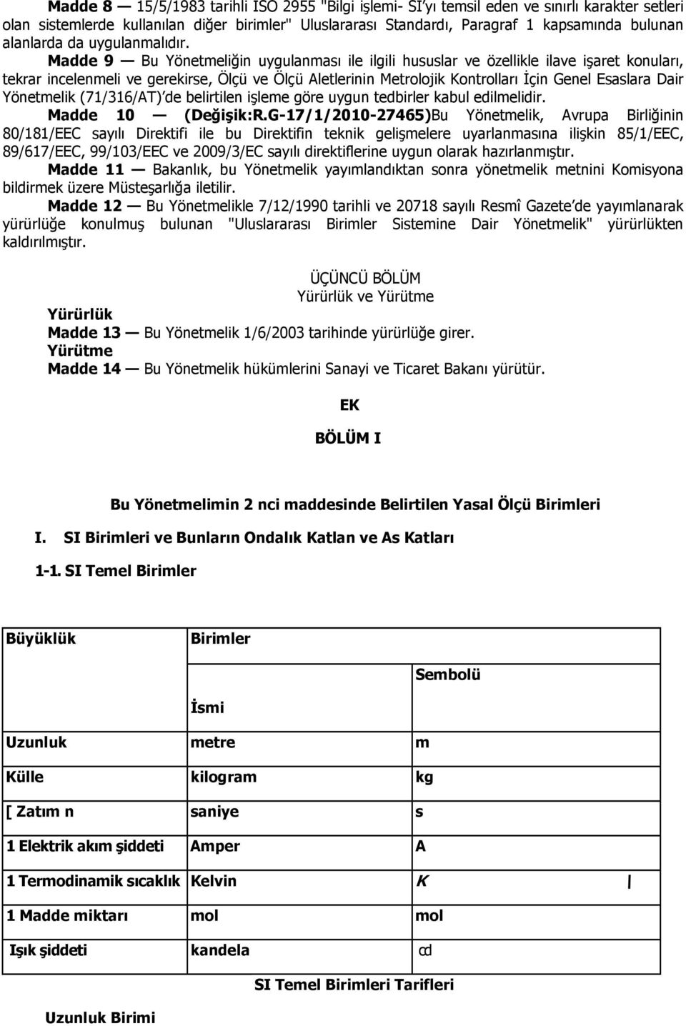 Madde 9 Bu Yönetmeliğin uygulanması ile ilgili hususlar ve özellikle ilave işaret konuları, tekrar incelenmeli ve gerekirse, Ölçü ve Ölçü Aletlerinin Metrolojik Kontrolları Đçin Genel Esaslara Dair