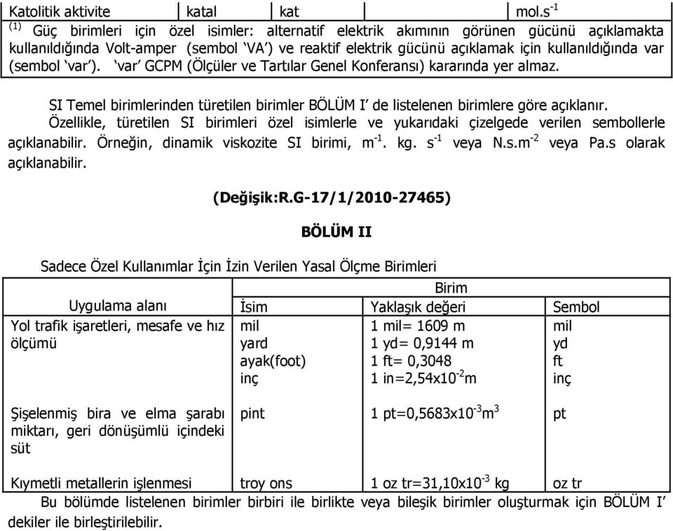 (sembol var ). var GCPM (Ölçüler ve Tartılar Genel Konferansı) kararında yer almaz. SI Temel birimlerinden türetilen birimler BÖLÜM I de listelenen birimlere göre açıklanır.