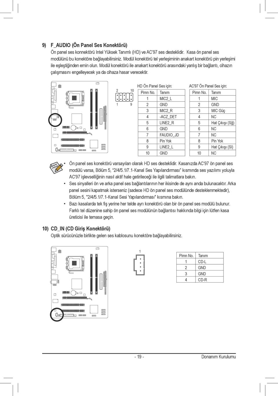 Modül konektörü ile anakart konektörü arasındaki yanlış bir bağlantı, cihazın çalışmasını engelleyecek ya da cihaza hasar verecektir. 2 0 9 HD Ön Panel Ses için: Pimn No.