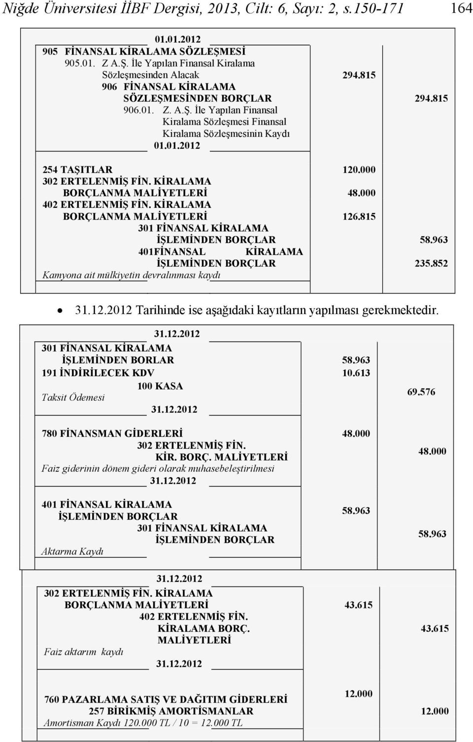 KİRALAMA BORÇLANMA MALİYETLERİ 48.000 402 ERTELENMİŞ FİN. KİRALAMA BORÇLANMA MALİYETLERİ 126.815 301 FİNANSAL KİRALAMA İŞLEMİNDEN BORÇLAR 58.963 401FİNANSAL KİRALAMA İŞLEMİNDEN BORÇLAR 235.