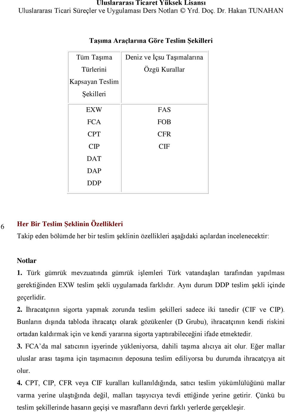 Türk gümrük mevzuatında gümrük işlemleri Türk vatandaşları tarafından yapılması gerektiğinden EXW teslim şekli uygulamada farklıdır. Aynı durum DDP teslim şekli içinde geçerlidir. 2.