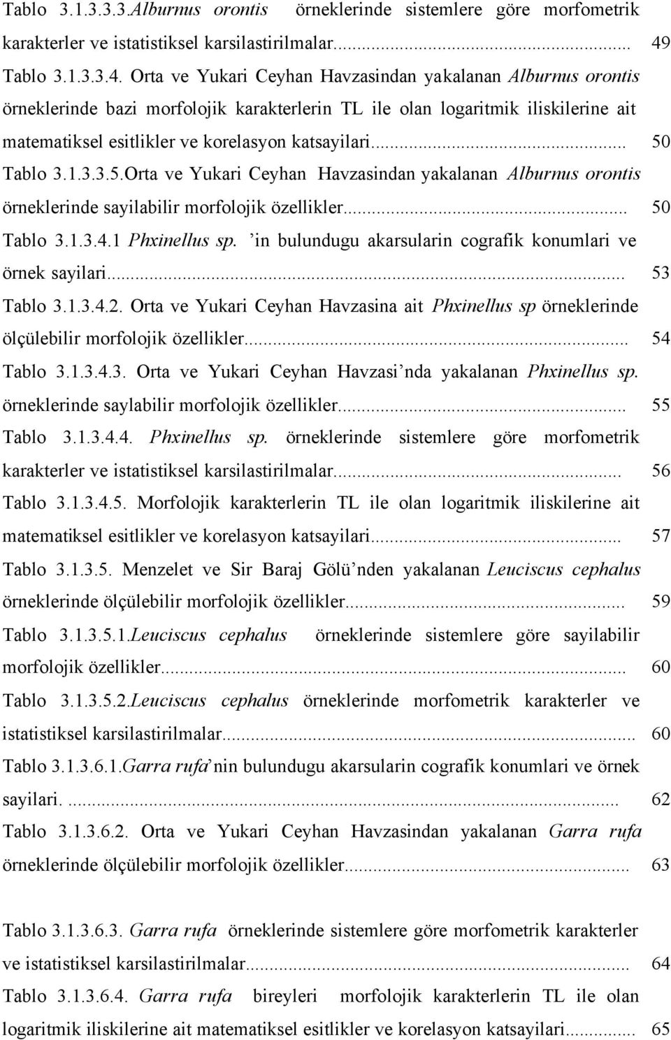 Orta ve Yukari Ceyhan Havzasindan yakalanan Alburnus orontis örneklerinde bazi morfolojik karakterlerin TL ile olan logaritmik iliskilerine ait matematiksel esitlikler ve korelasyon katsayilari.