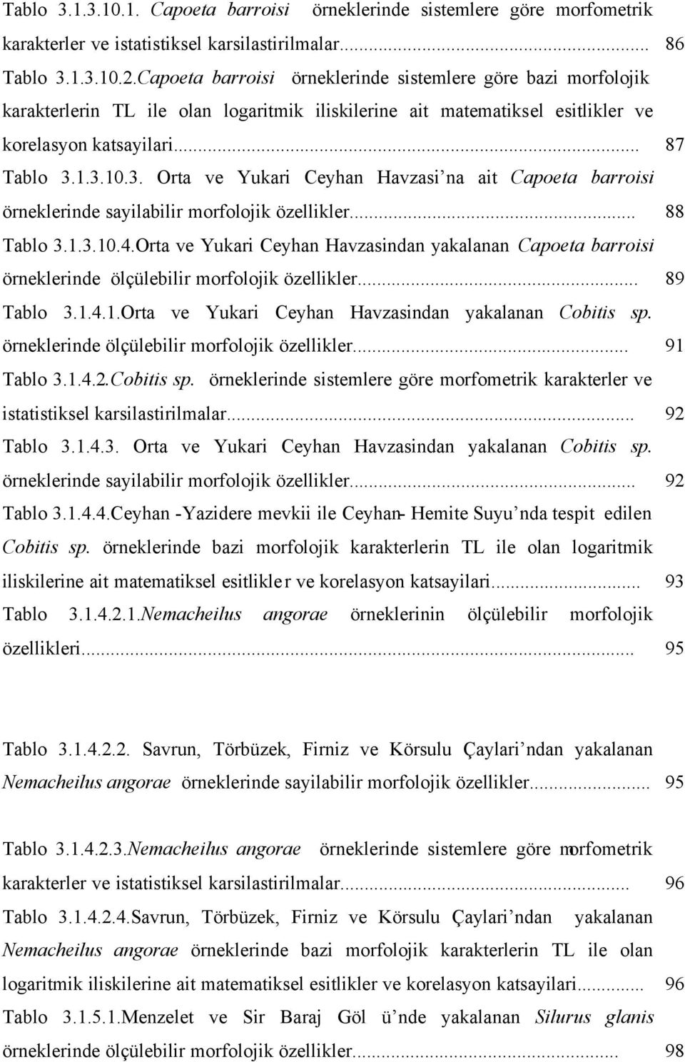 1.3.10.3. Orta ve Yukari Ceyhan Havzasi na ait Capoeta barroisi örneklerinde sayilabilir morfolojik özellikler... 88 Tablo 3.1.3.10.4.